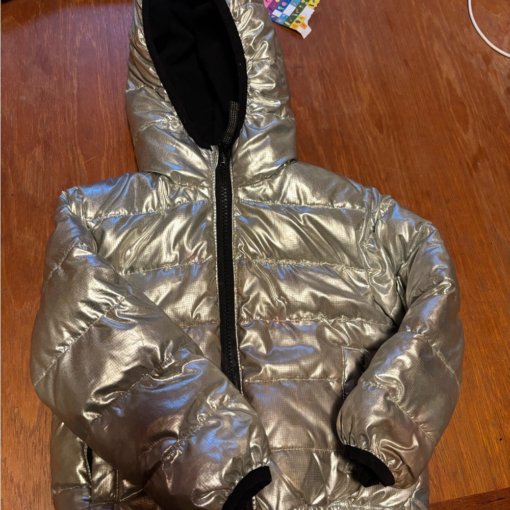 Silver Puffer Jacket with Black Trim